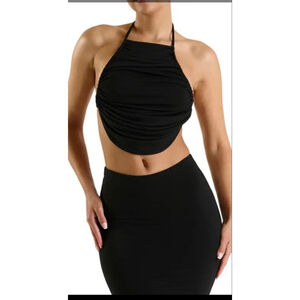 Naked Wardrobe Shirred Apron Top Black Halter Crop Size S NWT